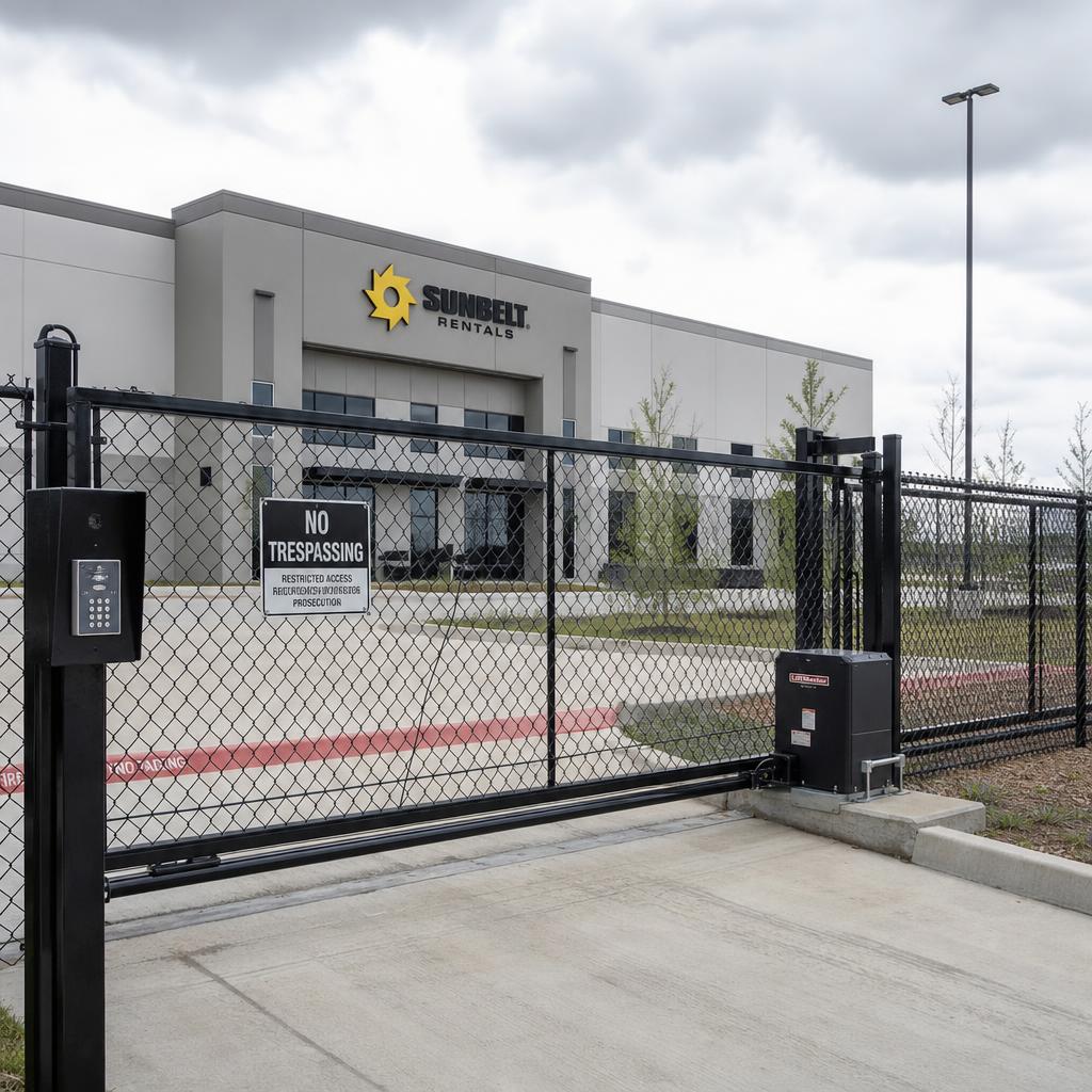 Heavy-duty commercial security fence with motorized roll gate at Houston business