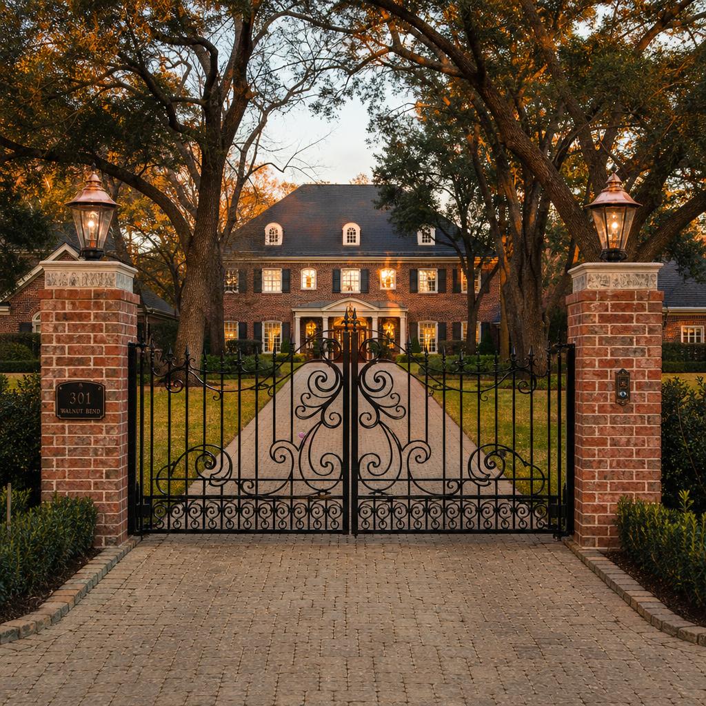 Grand ornamental iron driveway gate at a luxury Houston residential home