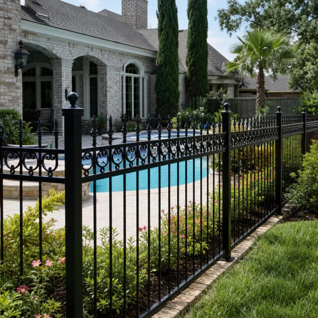 Black powder-coated aluminum picket fence around a Houston yard