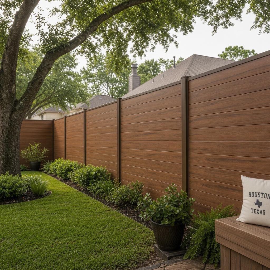 Composite privacy fence with wood-look boards