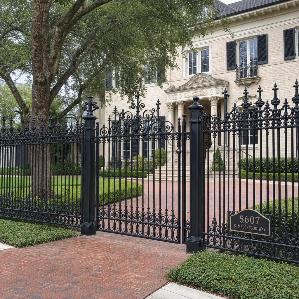 Decorative dark ornamental steel fence with open pickets