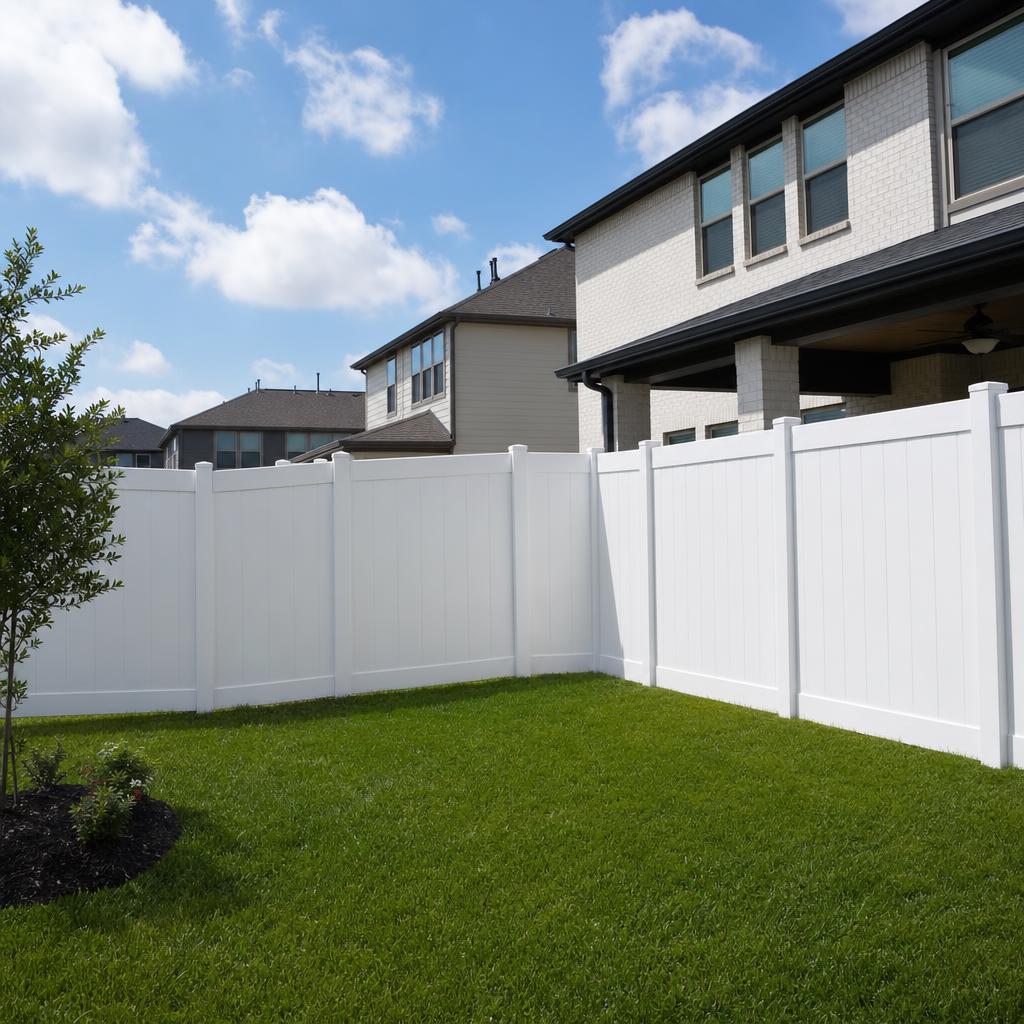 White vinyl privacy fence in a residential yard