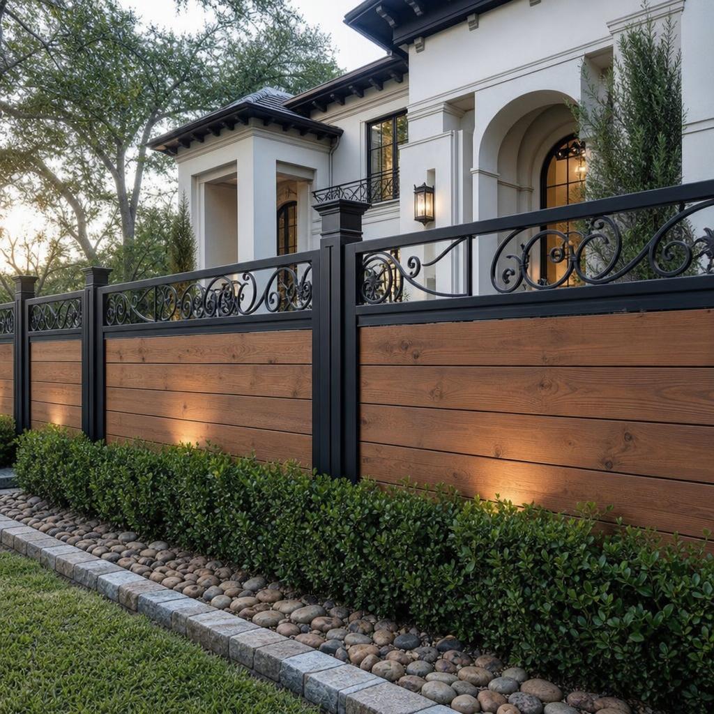 Steel-framed fence with wood infill in a Houston property